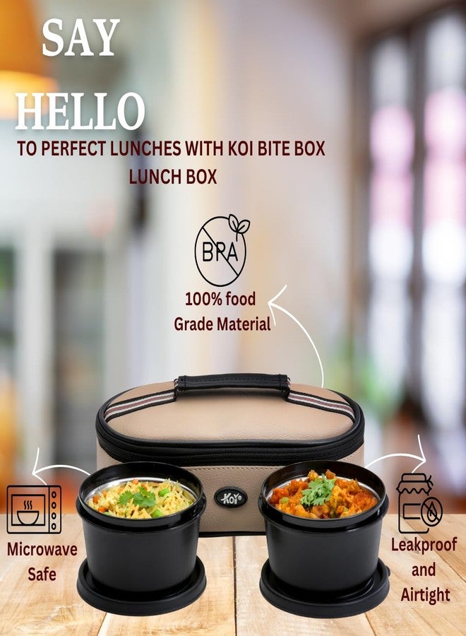 KOI Bitebox Set of 2 Horizontal Lunch Box, 2 Inner Steel Containers with BPA Free Lids(450 ml Each), Leak Proof & Microwave Safe, Insulated Fabric Bag, Easy to Carry (Beige) - Image 2